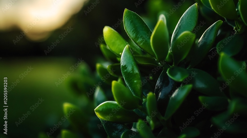 Obraz premium Close-up View of Lush Green Leaves at Sunset