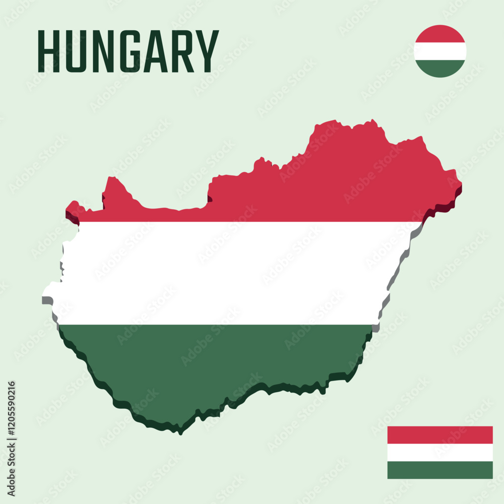 Fototapeta premium 3D Hungary map with flag, Three dimensional map of Hungary with shadow