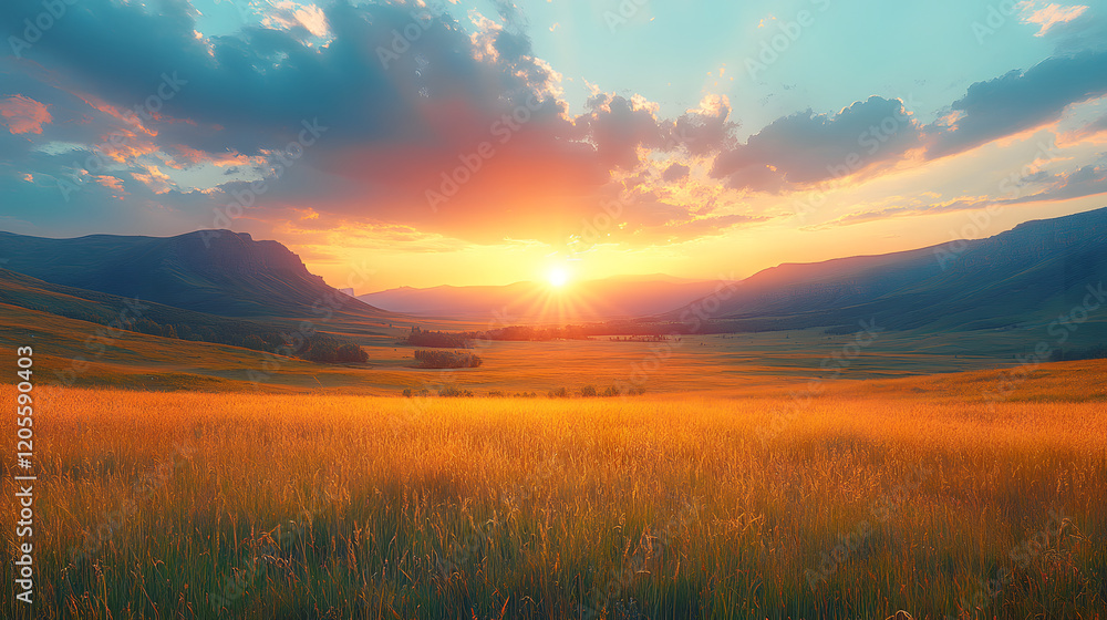 Fototapeta premium A beautiful mountain valley with a large field of grass and a large rock formation. The sun is setting in the distance, casting a warm glow over the landscape. The scene is peaceful and serene