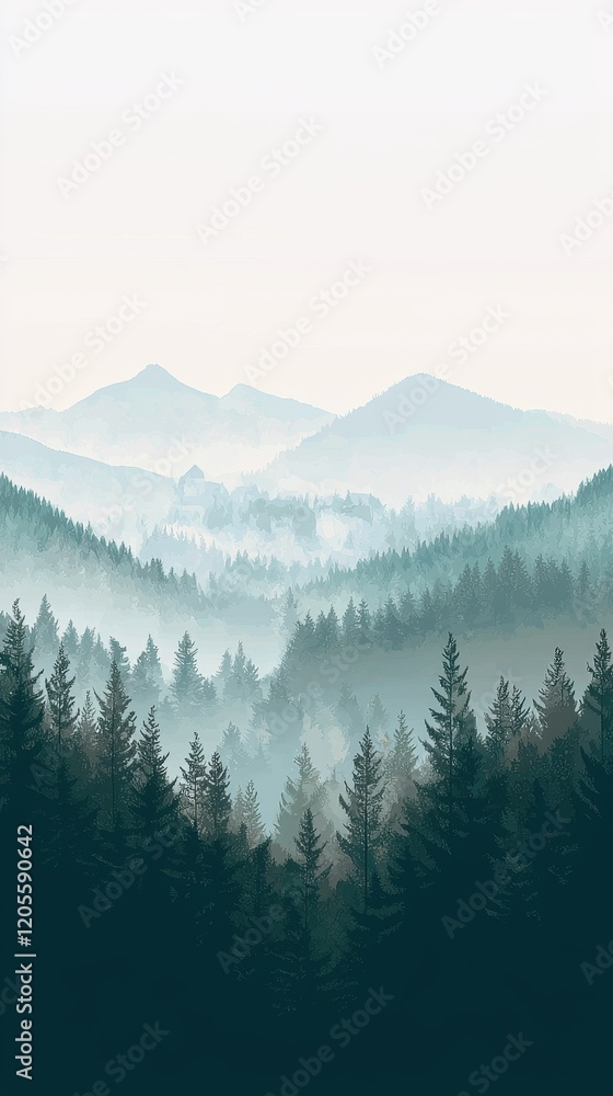 Obraz premium Misty Mountainous Landscape Showcasing Coniferous Forests and Rolling Hills