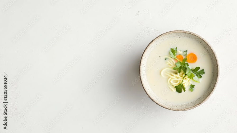 A warm bowl of chicken noodle soup with a modern twist, featuring vibrant ingredients like spiralized zucchini, colorful vegetables, and microgreens A warm bowl of chicken noodle soup with a modern twist, featuring vibrant ingredients like spiralized zucchini, colorful vegetables, and microgreens