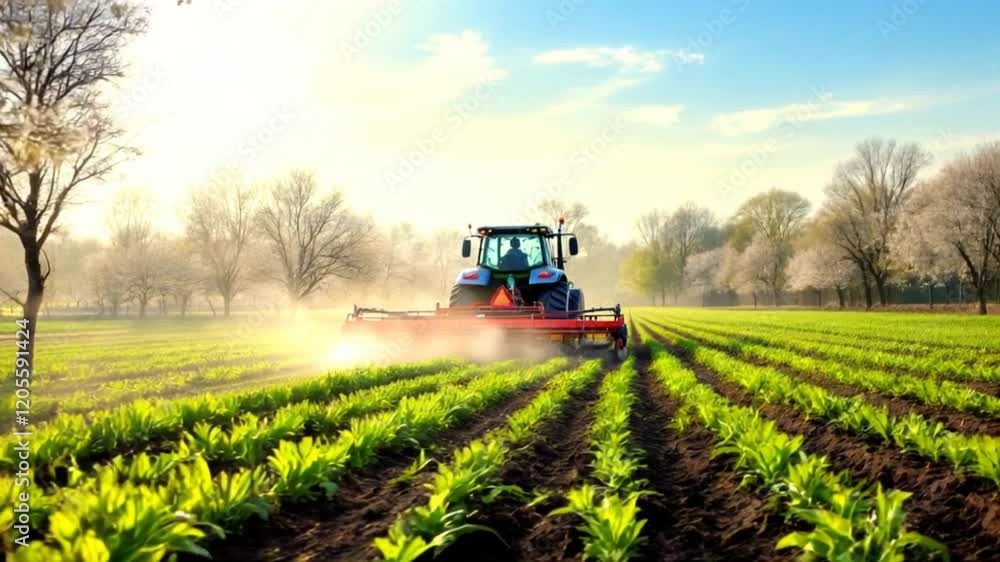 Modern Tractor Cultivating Lush Green Field at Sunrise Modern Tractor Cultivating Lush Green Field at Sunrise