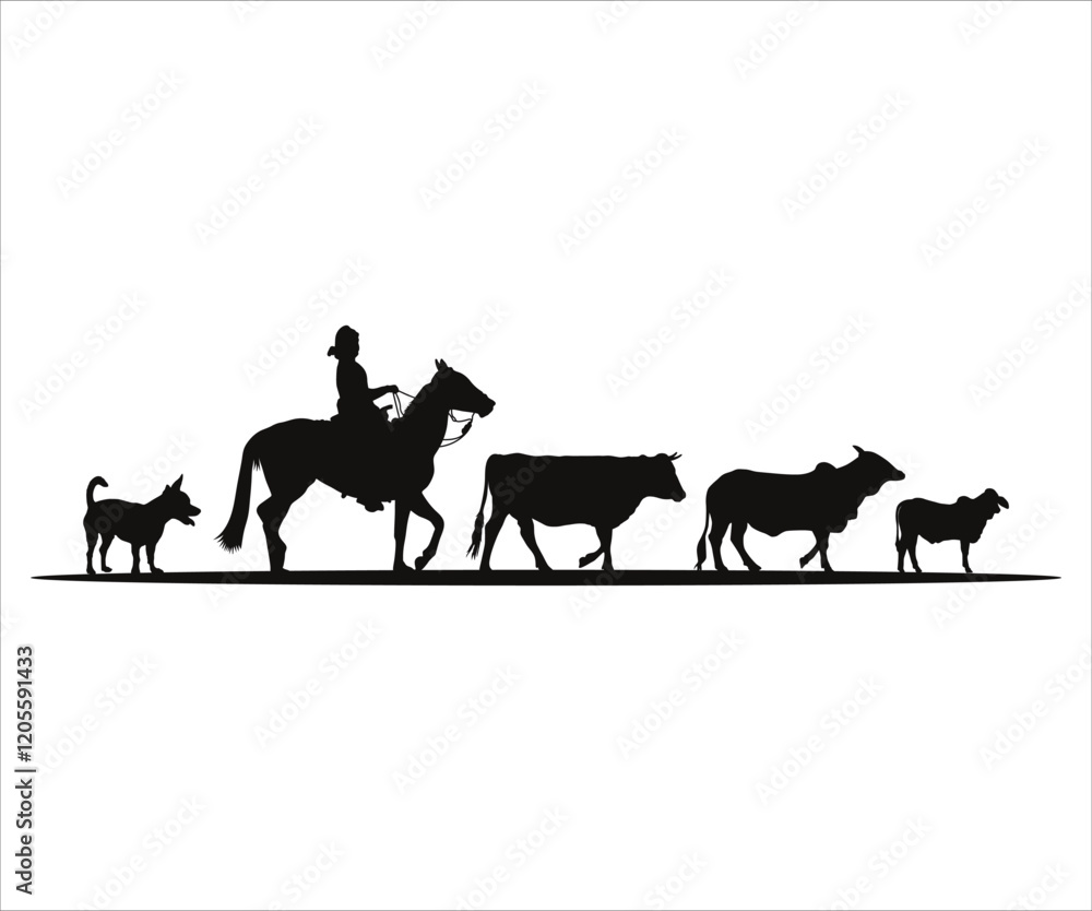 Fototapeta premium Cattle Drive Vector, Cowboy Silhouette, Cowboy svg, Cowboy Riding Horse Herding Cows, Cowboy Riding Horse svg, Cattle Roping Cowboy
