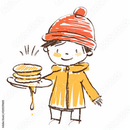 child in yellow coat holds plate of pancakes with syrup dripping