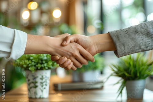Two Women Shake Hands in Cafe Setting