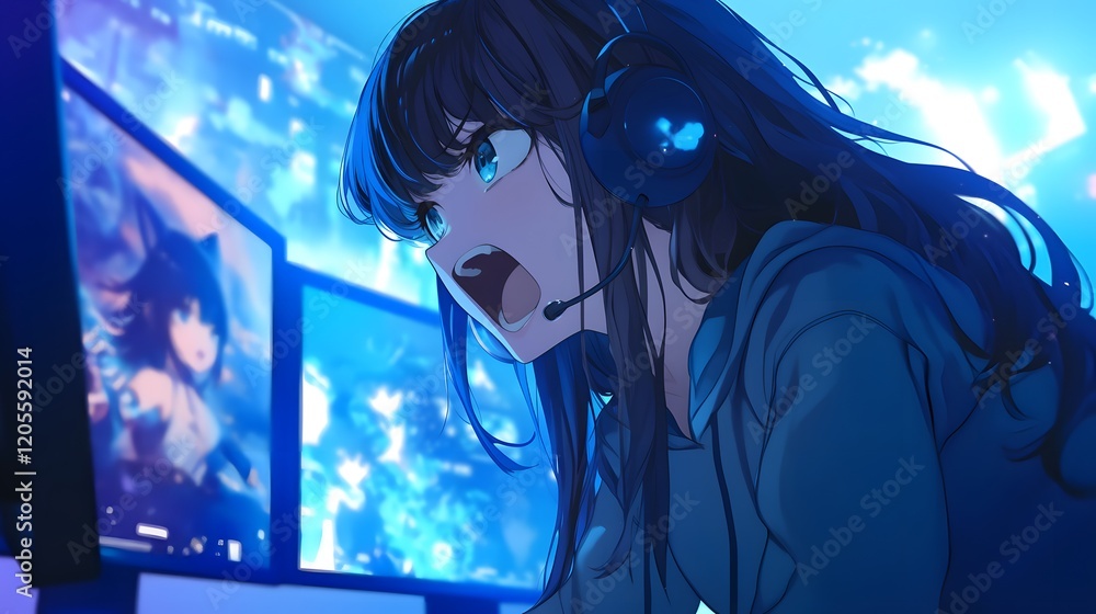 Enthusiastic anime girl deeply immersed in a competitive gaming experience