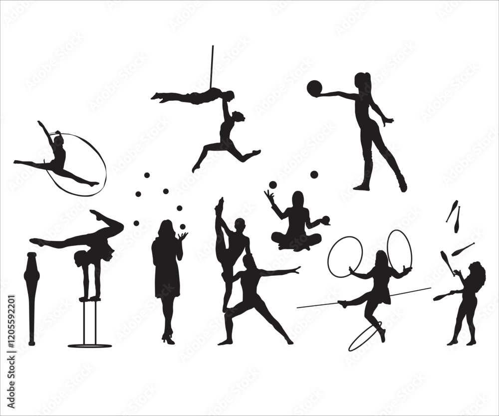 Fototapeta premium circus Vector, circus silhouette, Circus SVG Bundle, aerial acrobat vector, Cirque Juggling SVG, Circus Clipart, Carnival Clip Art