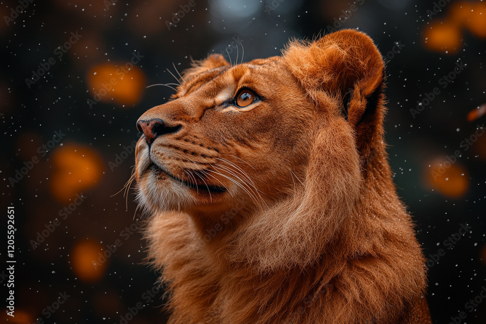 Naklejka premium Young Lion Gazing Upwards In Falling Snow