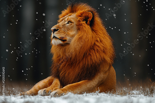 Majestic Lion Resting in Winter Snow