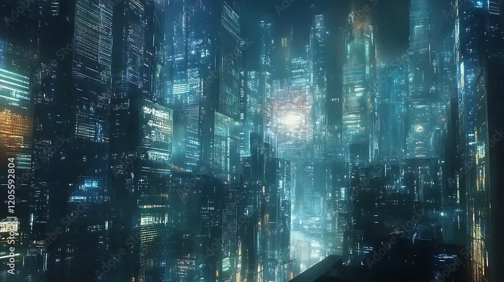 Naklejka premium Futuristic Cityscape at Night with Glowing Towers