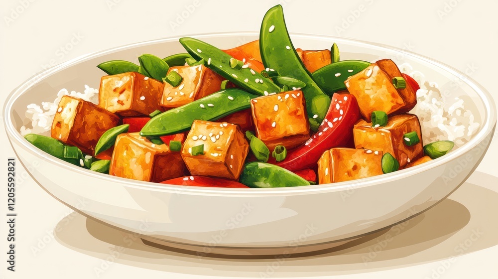 Tofu stir-fry with snow peas and rice in a bowl. Tofu stir-fry with snow peas and rice in a bowl.