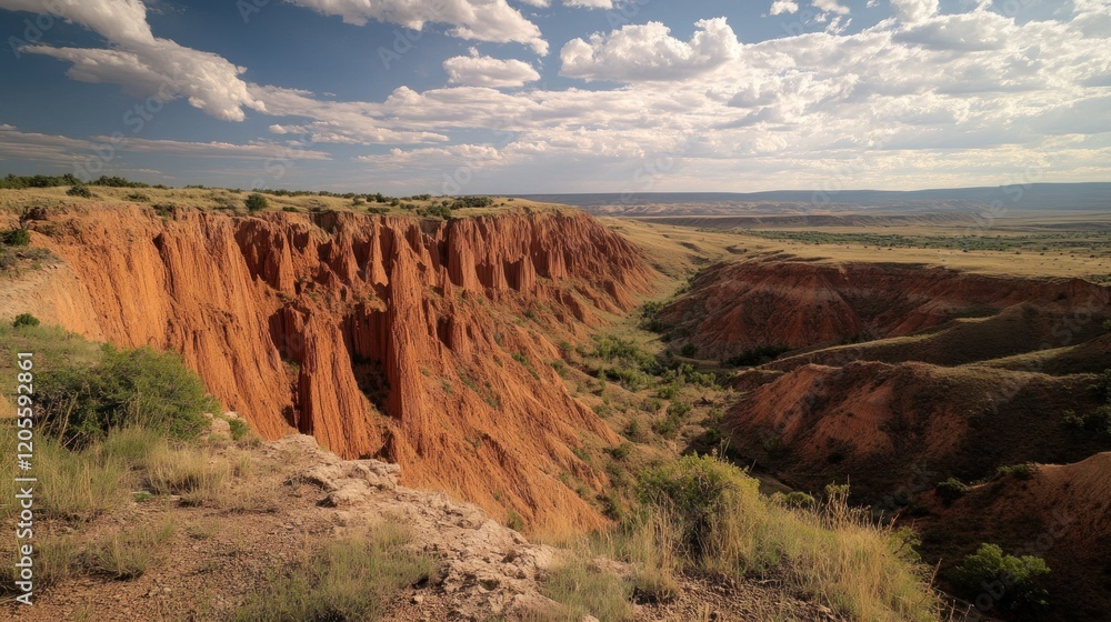 Fototapeta premium Dramatic canyons with red soil and a vast sky create a stunning landscape scene