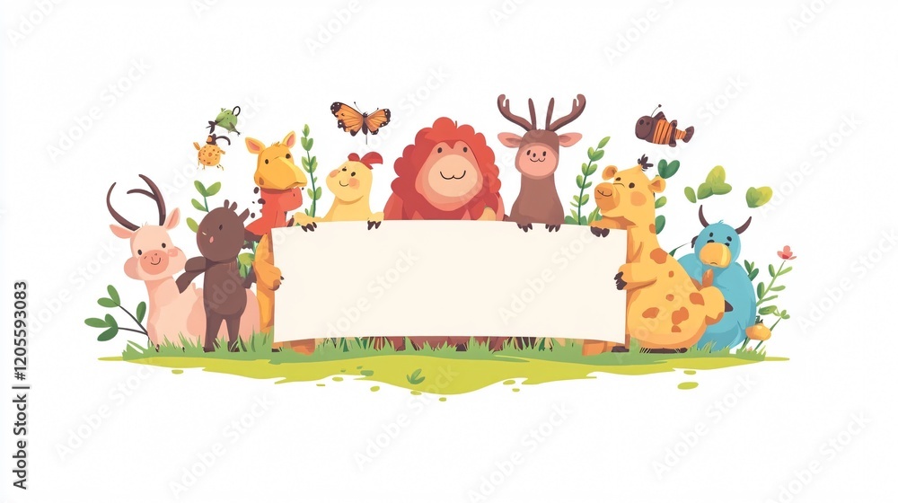 Wide Angle Funny Animals Farm with Blank Banner for Creative Designs Wide Angle Funny Animals Farm with Blank Banner for Creative Designs