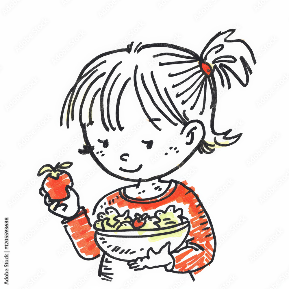 girl with bowl of salad, thoughtfully picking out ingredients girl with bowl of salad, thoughtfully picking out ingredients