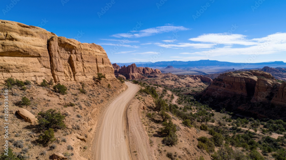 A car is driving down a dirt road in the desert A car is driving down a dirt road in the desert