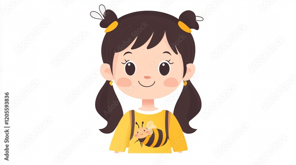 Adorable wide-angle image of little girl with bee kawaii character Adorable wide-angle image of little girl with bee kawaii character
