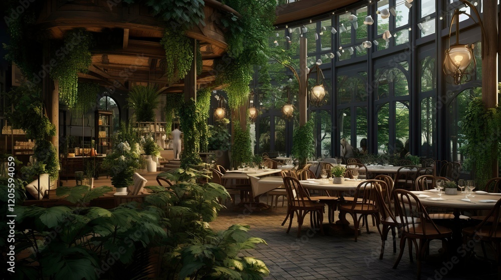 Fototapeta premium A photo of a garden terrace restaurant interior