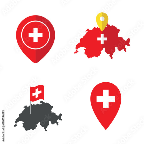 Switzerland flag map pointer set, national flag of Switzerland symbols