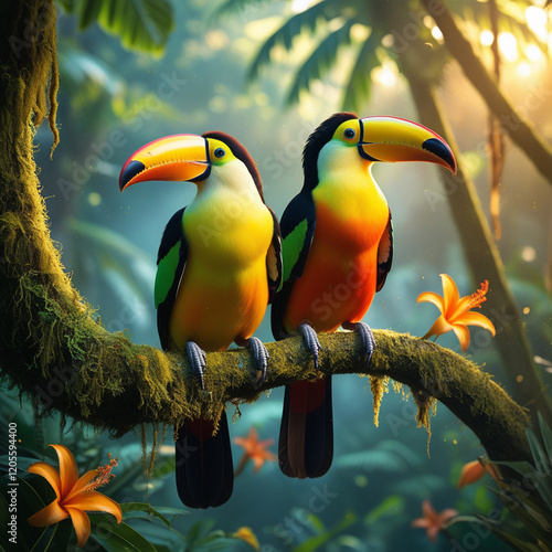 Two toucan tropical bird sitting on a tree branch in natural wildlife environment in rainforest jungle photo