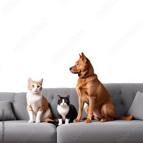 A cute dog and cat sitting together on a couch, showing a heartwarming moment of friendship between pets