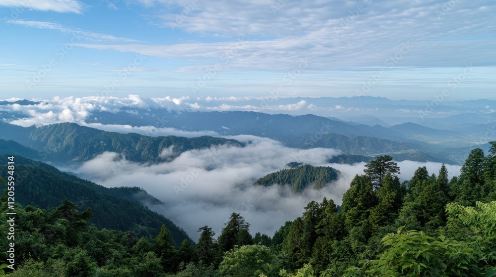 A beautiful mountain landscape with clouds at the base of the mountain and blue sky above A beautiful mountain landscape with clouds at the base of the mountain and blue sky above
