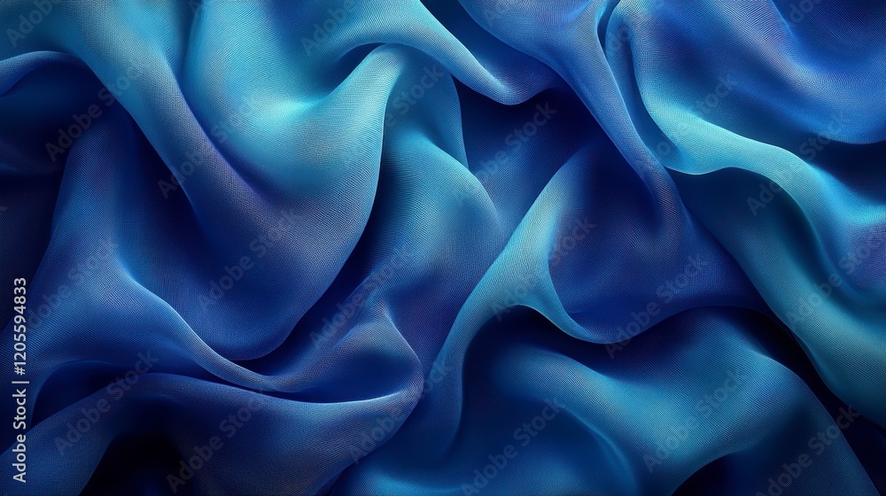 Fototapeta premium Elegant Draped Blue Silk Fabric Soft Texture Gradient Shades Luxurious Textile Background