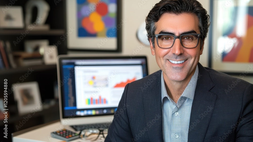 Smiling Middle-Aged Man Analyzing Data in Office Smiling Middle-Aged Man Analyzing Data in Office