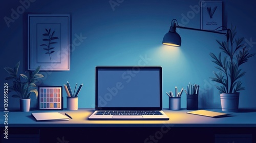 Wallpaper Mural Night workspace with laptop, desk lamp, plants, and stationery. Torontodigital.ca