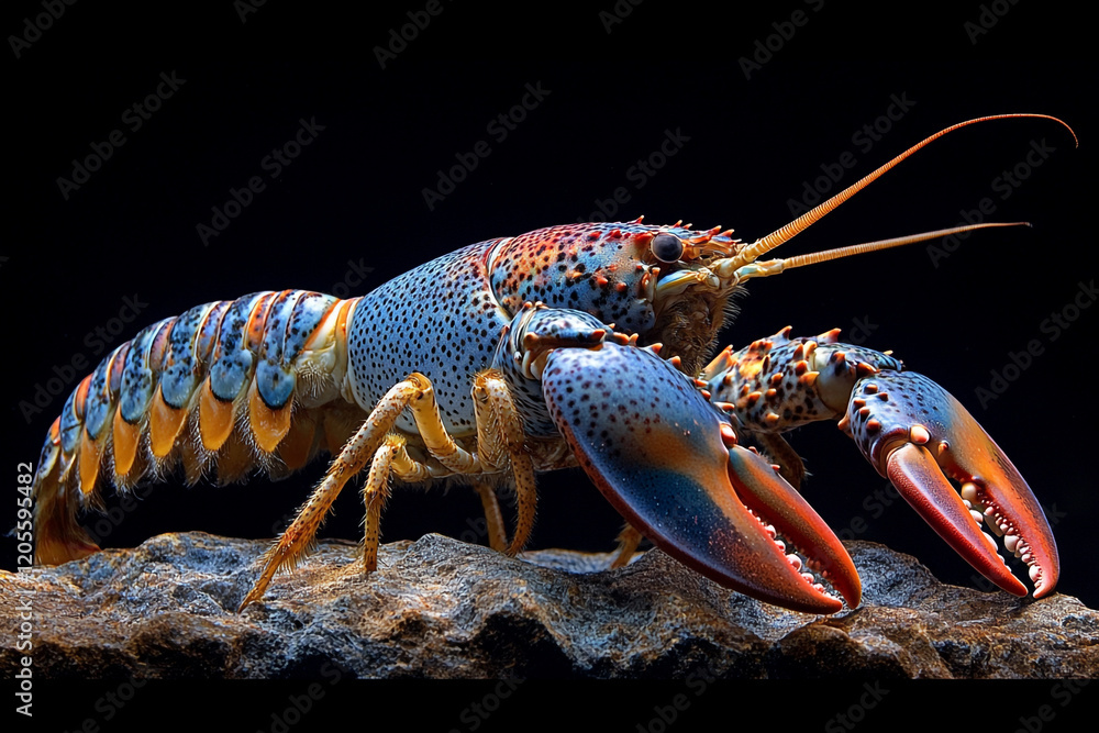 A Vibrant Colorful Lobster Crawls on a Rock A Vibrant Colorful Lobster Crawls on a Rock