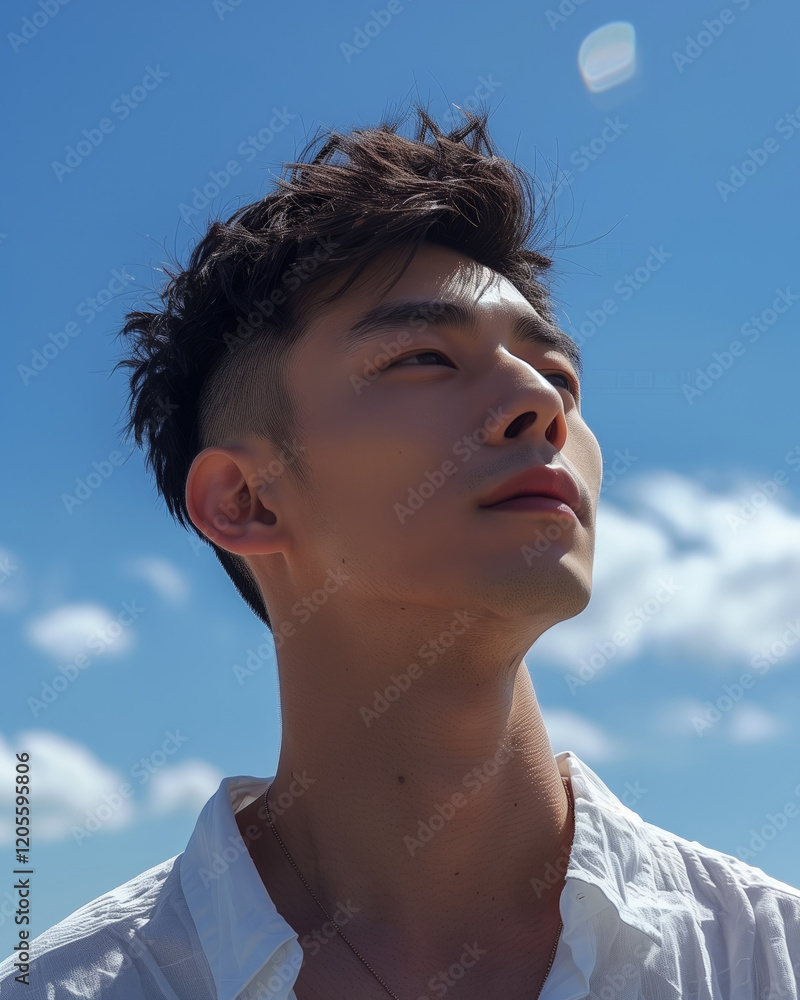 Striking low angle portrait of a young Chinese man gazing into the clear blue sky Striking low angle portrait of a young Chinese man gazing into the clear blue sky