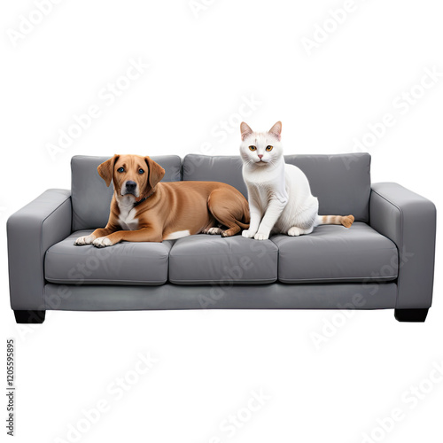 A cute dog and cat sitting together on a couch, showing a heartwarming moment of friendship between pets