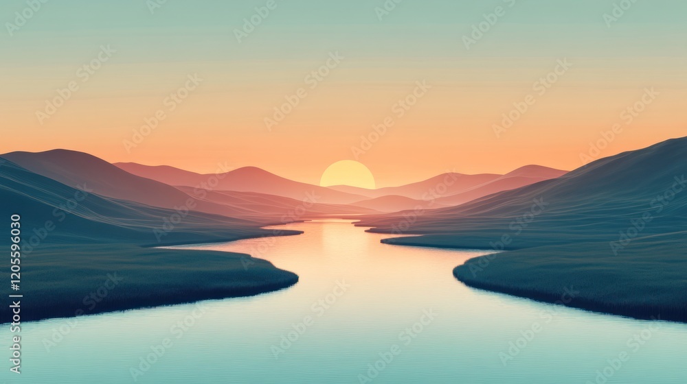Serene sunset over a calm river winding through mountains. Serene sunset over a calm river winding through mountains.