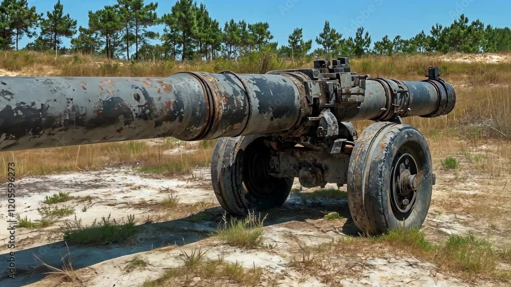 Old artillery piece resting on sandy terrain surrounded by green trees in a military training area Old artillery piece resting on sandy terrain surrounded by green trees in a military training area