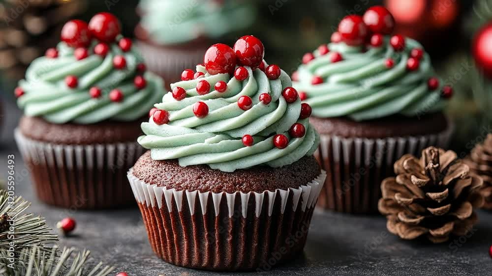 Festive chocolate cupcakes with mint frosting and decorations Festive chocolate cupcakes with mint frosting and decorations