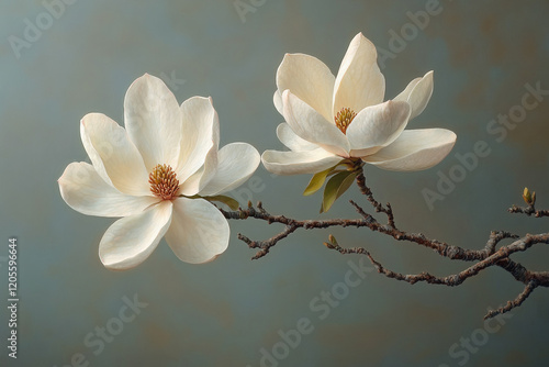 Two Delicate Magnolia Blossoms On A Branch