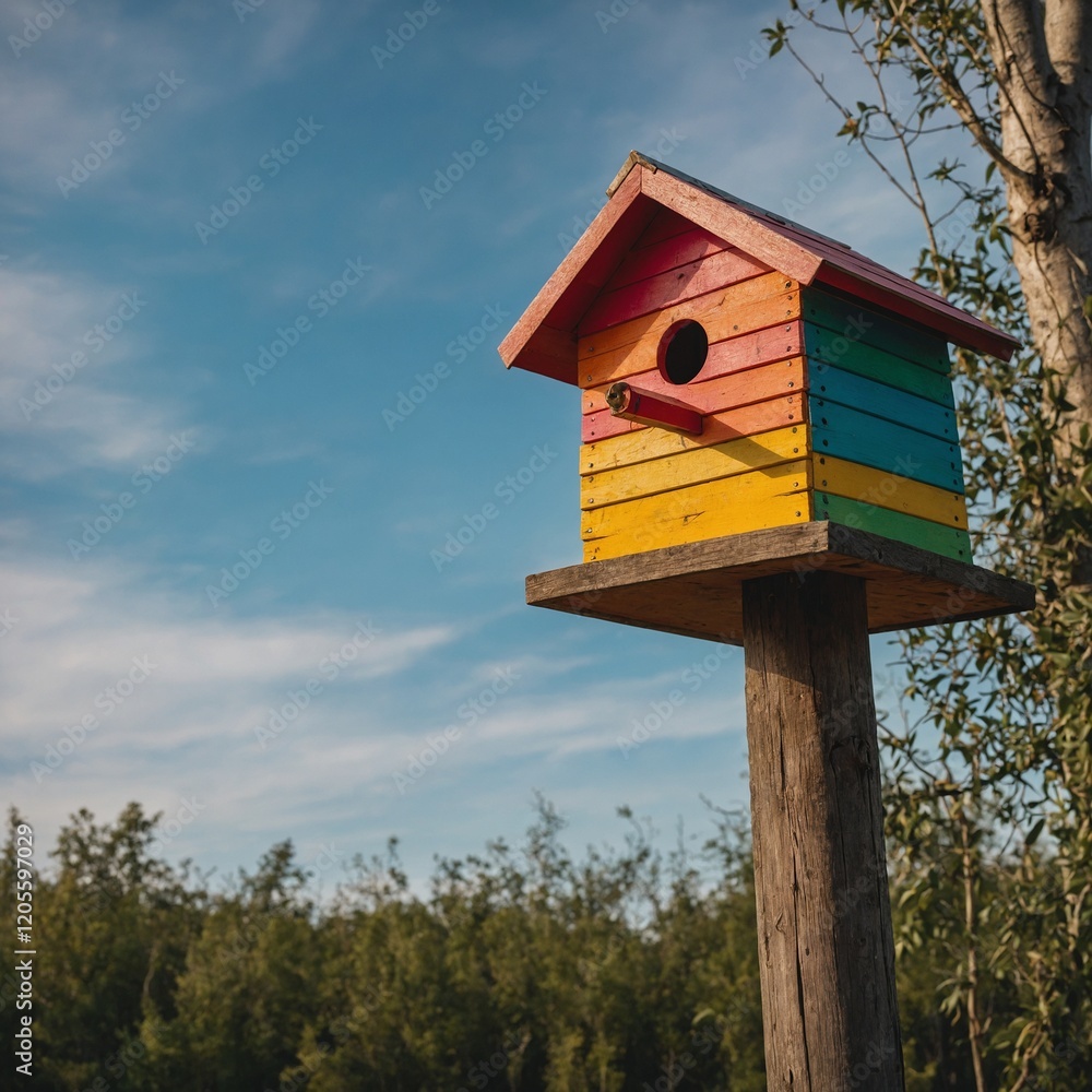 A side-view of a brightly colored birdhouse on a pole, blurred sky and trees behind. A side-view of a brightly colored birdhouse on a pole, blurred sky and trees behind.