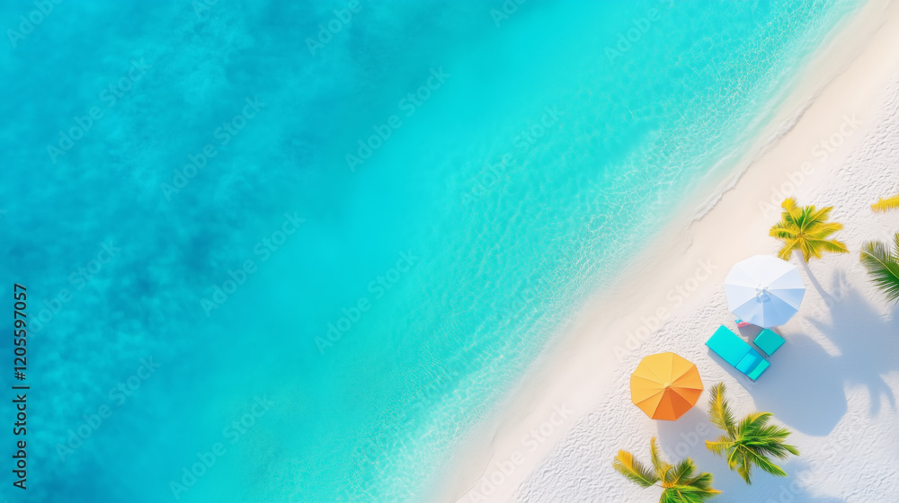 Obraz premium Relaxing beach view with colorful umbrellas and clear water