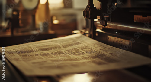 A detailed view of newspaper pages being printed on an old printing press. Dusty light illuminates the scene, showcasing the intricate mechanics of vintage equipment at work.