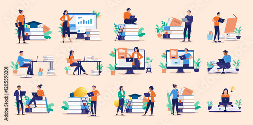 Education and study illustrations collection - Vector set bundle of various students reading, learning, taking courses and doing school work with books and computers in flat design style