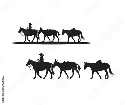 Pack String svg,cowboys and two pack mules, Mule string svg, Pack String Mules Vector, a cowboy riding a horse, Pack Mule svg, Pack Mule