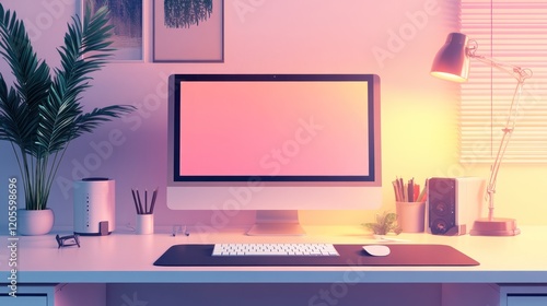 Wallpaper Mural Modern workspace with computer, desk lamp, and plants. Torontodigital.ca