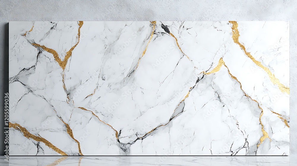Obraz premium A white marble granite background features a gold texture, complemented by a black patterned graphic. The overall design is abstract and elegant, set against a light gray floor.