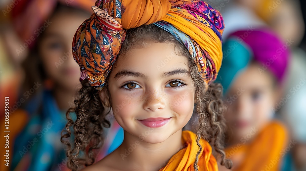 Fototapeta premium An expressive young girl in a patterned textile turban poses for a close-up advertising visual.