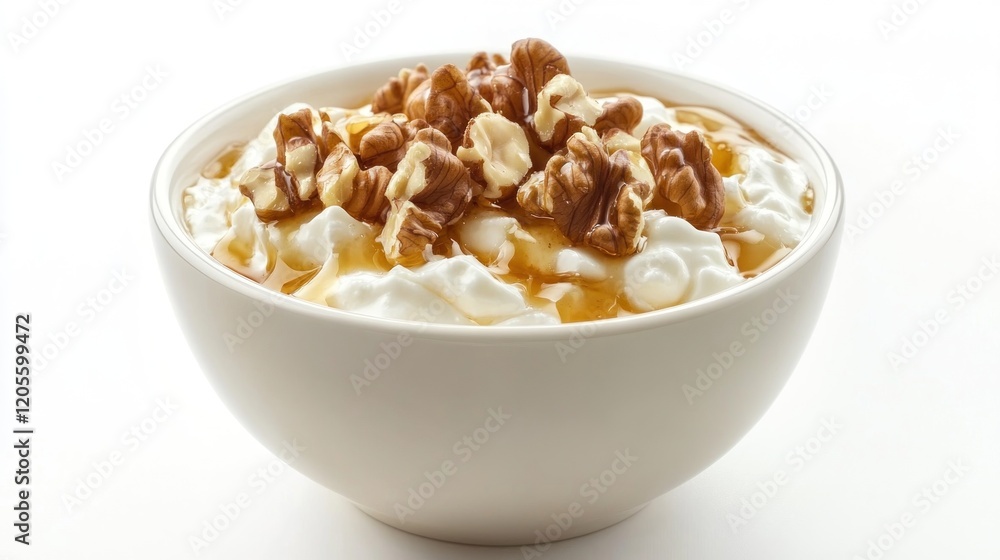 Honey, walnuts, yogurt bowl, white background, healthy breakfast Honey, walnuts, yogurt bowl, white background, healthy breakfast