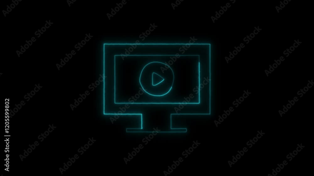 Neon Blue Play Button Icon on Monitor Screen, Digital Media Concept, Streaming Service Symbol, Video Content Neon Blue Play Button Icon on Monitor Screen, Digital Media Concept, Streaming Service Symbol, Video Content