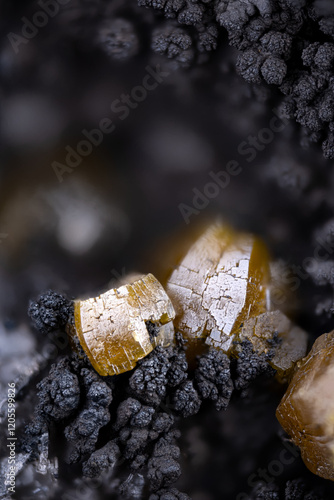 Campylite crystals (aka mimetite). Specimen from Dry gill mine, Caldbeck Fells, Cumbria, UK. Micro photography extreme close-up. microscope mineral crystal photography for Scientific use.
 photo