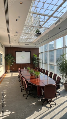 Dark-Wood Conference Table Surrounded by Brown Leather Chairs in Sunlit Room with City View photo