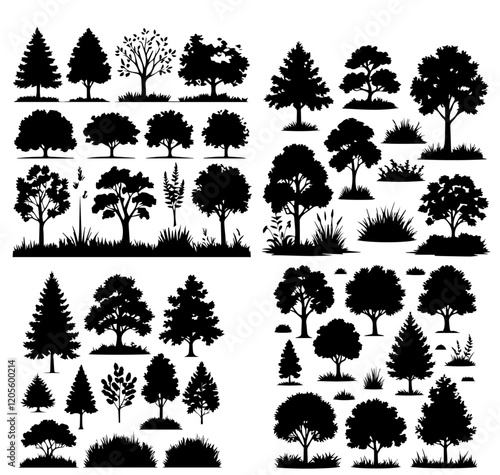 pine tree and different kinds of trees silhouettes