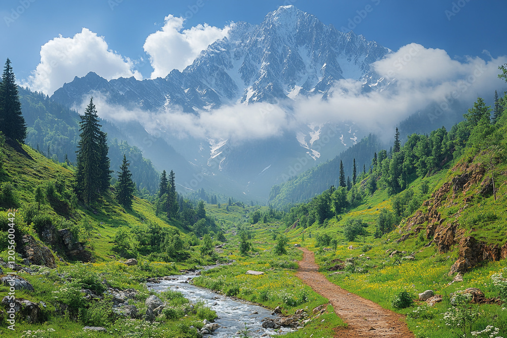 Fototapeta premium Majestic Mountain Valley Path Stream And Clouds
