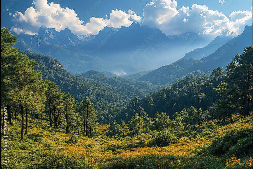Fototapeta premium Mountainous landscape with a field of wildflowers and trees